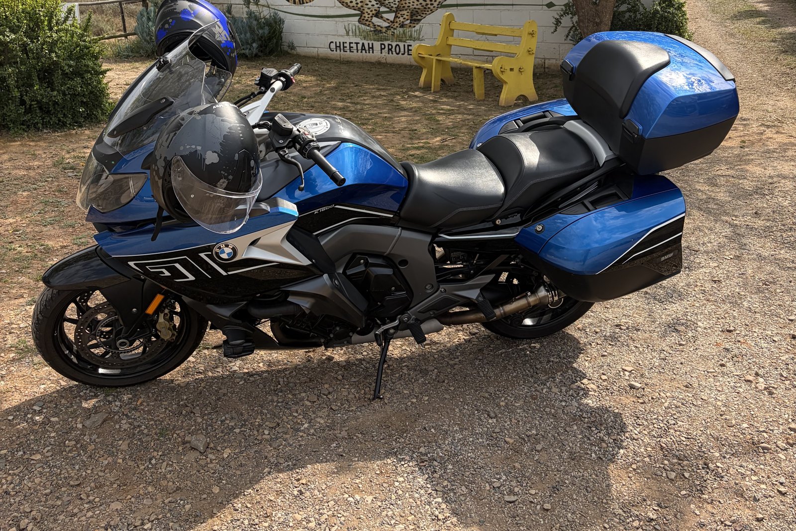 A blue BMW K1600 GT parked in the sun on a gravel forecourt in the Eastern Cape, a yellow bench and cheetah signage behind.