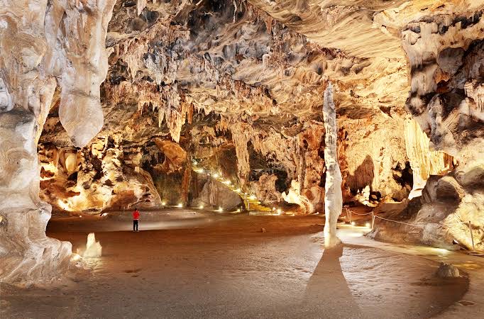 The lit limestone chambers of the Cango Caves, near Oudtshoorn.