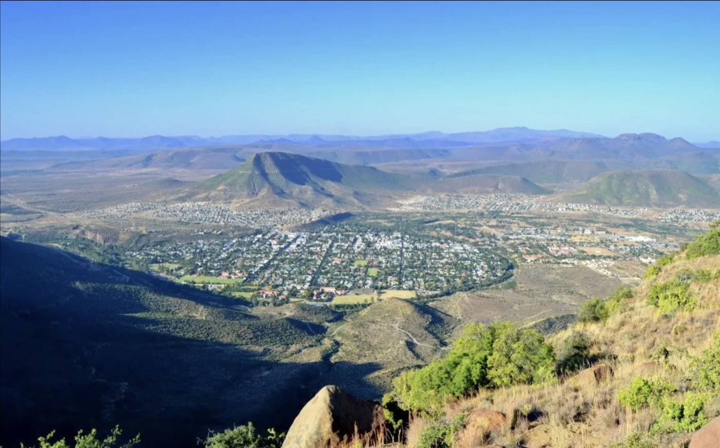 Graaff-Reinet and the Karoo plains, seen from the mountains above the town.