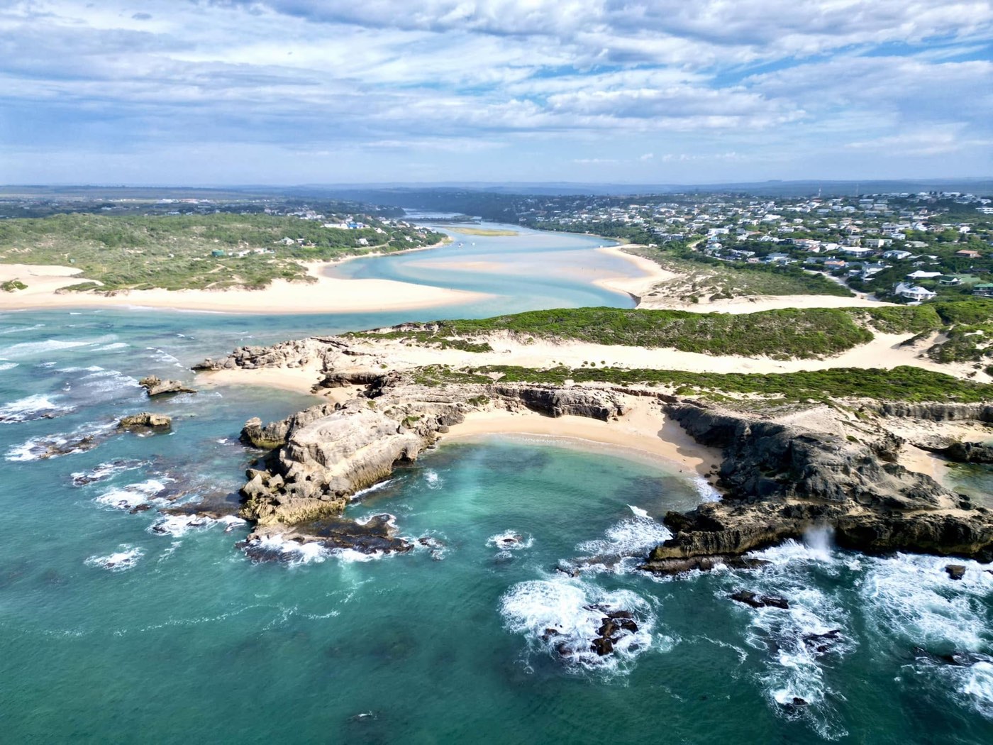 Aerial view of the river mouth and lagoon at Kenton-on-Sea, on the Sunshine Coast.